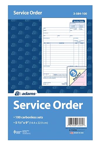 Adams Service Order Form, 3 Part, Carbonless, 5 2/3"X9" Inches, 250 Sets per Pack (3-584)