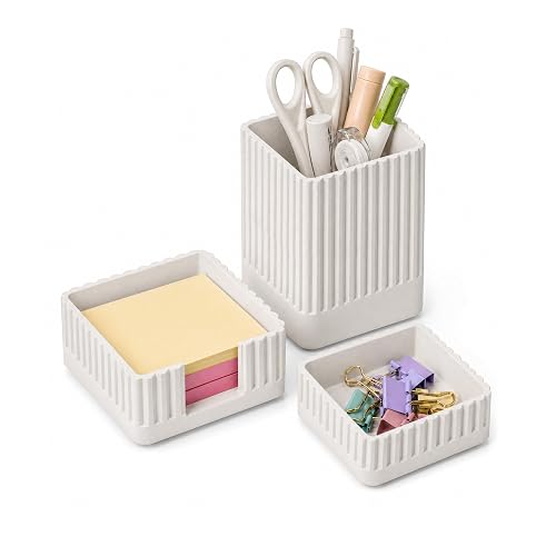 Aesthetic White Desk Organizer Set, Pen, Clip and Sticky Note Holder | Aesthetic Desk Accessories for Women or Teacher, Cute Office Desk Supplies, for Dorm Room, Desk Decor, Concrete Texture