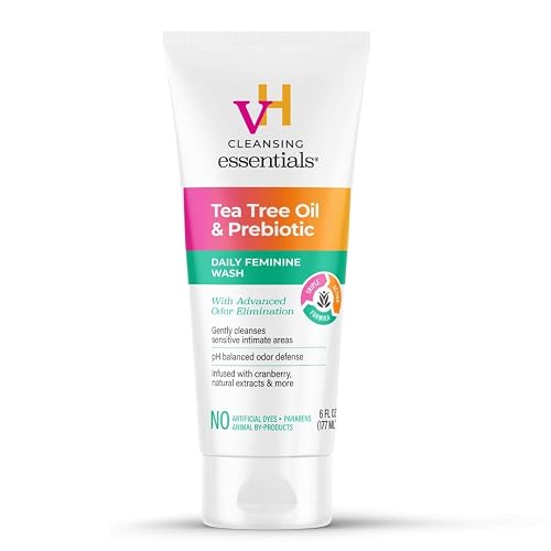 vH Essentials Tea Tree Daily Feminine Wash 6oz - pH Balanced + Odor Control | Odor Eliminating Vaginal Wash With Tea Tree Oil, Prebiotics and Cranberry, Gentle Cleanser and pH Balancing