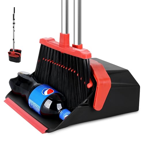 Broom and Dustpan Set for Home, 51" Long Handle Standing Dustpan Black Red | Self-Cleaning Dust Pan and Brooms, ZeroGap Lip, Upright Storage Broom Combo for Kitchen Lobby Office Restaurant Indoor