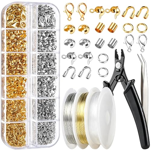 LEOBRO 1205 Pcs Crimp Beads Supplies for Jewelry Making, Crimp Beads with Crimp Bead Covers, Wire Guardians, Jump Rings, Lobster Clasps, Crimping Pliers and Beading Wire String for Bracelet Making