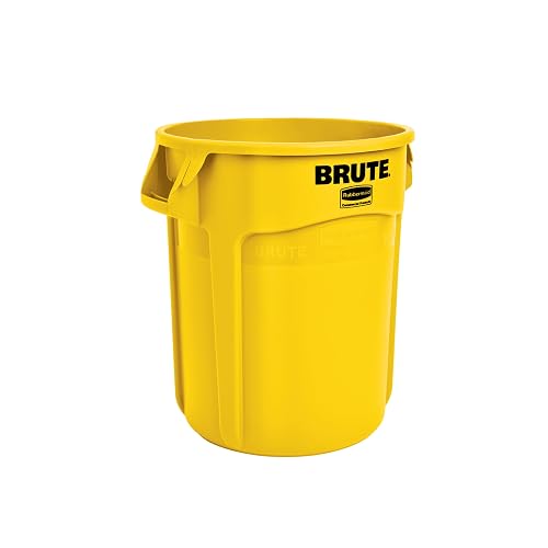 Rubbermaid Commercial Products Brute Trash Can, Yellow, 10-Gallon | Heavy-Duty Round Garbage Can, Vented Container, Outdoor Waste Container for Landscapers/Construction/Restaurants/Warehouses