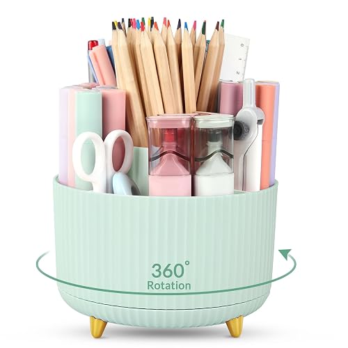 SKYDUE 360 Degree Rotating Pencil Pen Holder, Sage Green | Desk Organizerr with 5 Slots, Pencil Cup for Office, Home, School Supplies