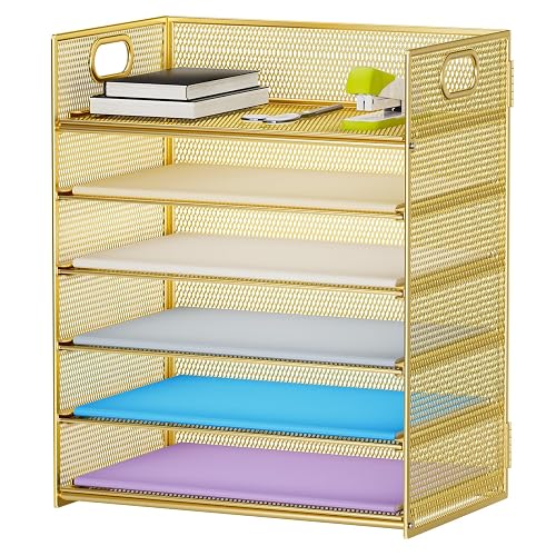 Marbrasse Paper Letter Tray Organizer - 6 Tier Mesh File Organizer with Handle, Paper Sorter Organizer for Letter/A4 Office File Folder Holder - Gold