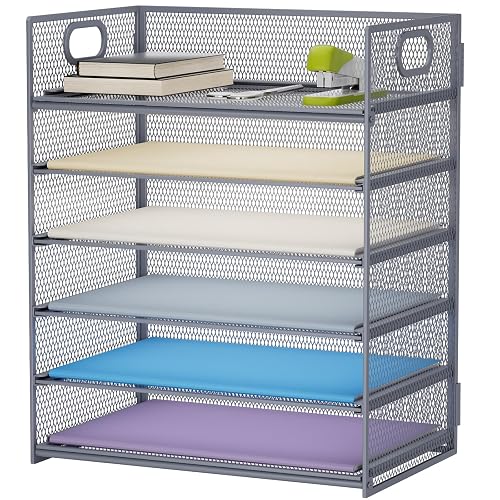 Marbrasse 6 Tier Paper Organizer Letter Tray - Mesh Desk File Organizer with Handle, Paper Sorter for Letter/A4 Office File Folder Holder - Grey