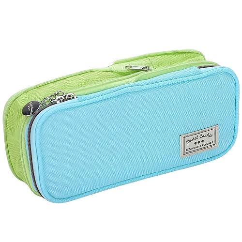 KOKUYO Expandable Pencil Holder, Zipper Stationery Organizer, Blue x Green | Telescoping Stationery Case for Large Capacity, Zippered Pencil Bag Pen Pouch Travel Cosmetics Storage, Dual Color Design