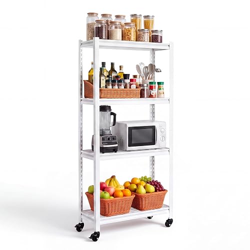 VEVOR Storage Shelves, 4-Tier Garage Shelving with Wheels 30 x 12 x 63 in | for Garage, Basement, Warehouse, Kitchen, 800 lbs Static Load, Heavy-Duty Metal Unit, Adjustable Racks, with Gloves, White