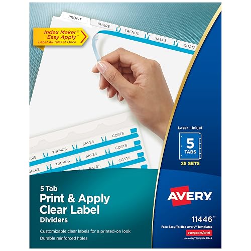Avery Index Maker Clear Label Dividers, 5-Tab, White, 25 Sets | For Organizing Reports and Tax Binders, Laser and Inkjet Printable, Tear-Resistant Reinforced Tabs, For 3-Ring Binders