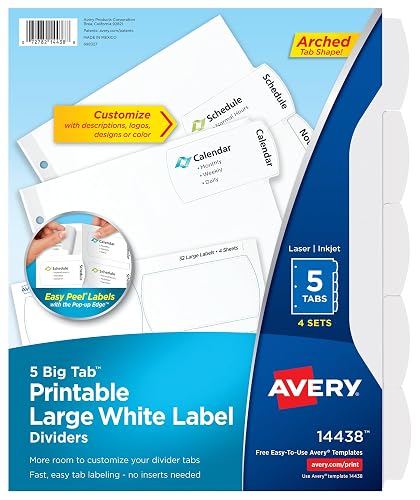 Avery Big Tab Printable Large Label Dividers, 5-Tab, White, 4 Sets | For Organizing Binders and Reports, Laser and Inkjet Printable, Easy Peel No-Insert Labels, Arched Contemporary Tabs