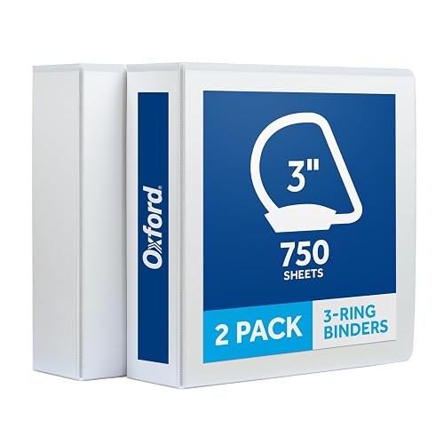 Oxford 3 Inch 3 Ring Binders, 2 Pack, White, Holds 750 Sheets | D rings, clear view covers for custom inserts, and 2 inside pockets. PVC free, non stick.