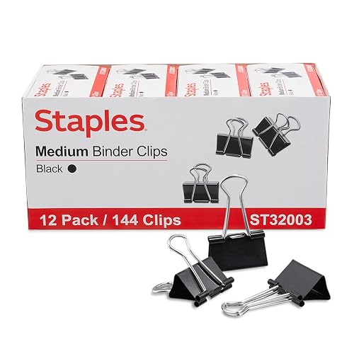 Staples Medium Binder Clips, 0.63 Inch Capacity, Black, 144 Clips/Pack | Secure paper organization for office, school, and home filing needs. Bulk pack of 144.