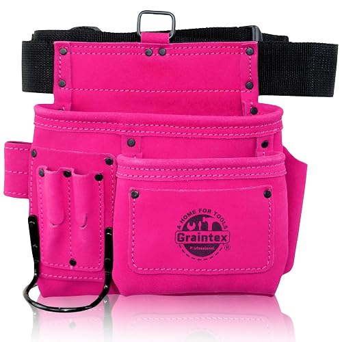 Graintex 5 Pocket Suede Leather Tool Belt/Bag | Pink | Multipurpose Leather Tool Belt for Women and Men | Construction, Electrician, Handymen, Carpenter, Gardening Pouch and DIY Projects