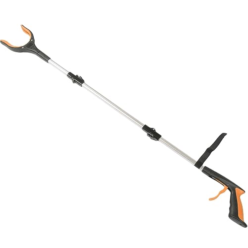 NAMOARLY Foldable Trash Picker Grabber Tool, 3-fold Long Handle Garbage Grab Clamp in Orange, Handheld Waste Pickup for Outdoor Sanitation and Janitorial Use