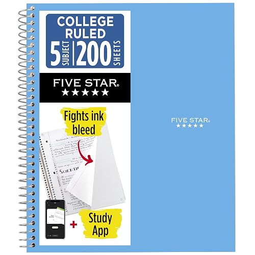 Five Star Spiral Notebook + Study App, 5 Subject, College Ruled Paper, 8-1/2" x 11", 200 Sheets, Fights Ink Bleed, Water Resistant Cover, Pacific Blue (73635)