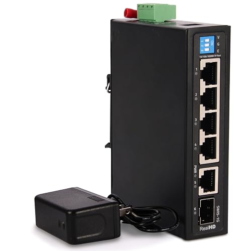 Industrial Ethernet Switch, 6-Port Gigabit Ethernet Switch Hardened, 1000Mbps, 4*1 RJ45 Uplink+1 SFP Port, Din Rail & Wall Mountable (-40 to 185 F), 12Gbps Switching Capacity, with UL Power Supply