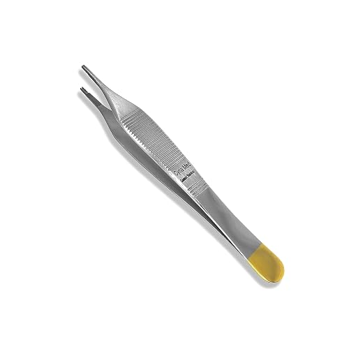 Cynamed T/C Adson Plastic Surgery Forceps 4.75" Straight Fine Point with Tungsten Carbide Inserts Surgical Veterinary Instruments with Gold Handle (9X9 Teeth, Adson Brown Forceps, TC)