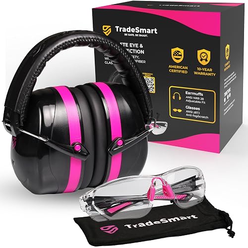 TradeSmart Shooting Ear Protection for Gun Range, NRR 28 Earmuffs & Eyewear | Stay comfortable: safety-glass arms sit beneath soft cushions; anti-fog UV400 lenses help stay clear, and muffs fold down.