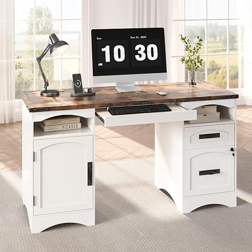 Decofy 55'' Farmhouse Executive Desk with Drawers & Charging Station, White | Home Office Desk with Keyboard Tray & Lockable File Drawer, Computer Writing Desk with Open & Cabinet Storage