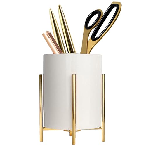 SIEBOLD Gold pencil cup Sturdy metal frame with white ceramic pen holder For desks and kitchen appliance holders