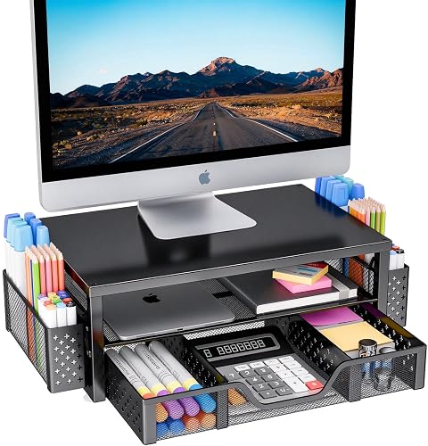 Simple Trending Desk Organizer and Accessories, Monitor Stand Riser, Black | 2-Tier Laptop Stand with Drawer and 2 Pen Holders, Office Desk Accessories for Office Supplies, 16"W x 10"D x 5.8"H