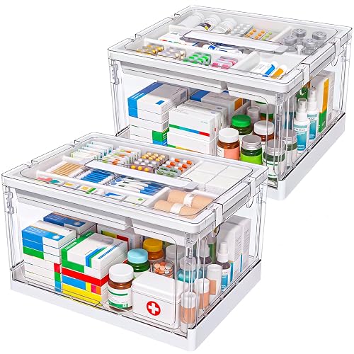 Clear Medicine Storage Box with Handle & Tray | Medicine Organizer Storage Boxes with Lids, Plastic Multipurpose Organizers and Storage for Home, Dorm, Office