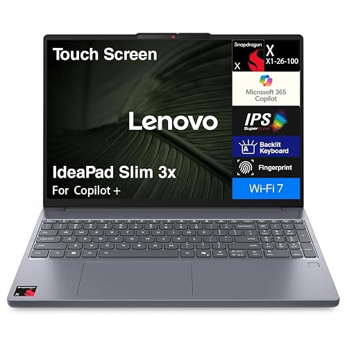 Lenovo IdeaPad Slim 3x Laptop 15.3" Touch FHD+ Snapdragon X 16GB/512GB | Copilot+ PC, Qualcomm Adreno, 45 TOPS, Backlit KB, Fingerprint, 720p Webcam w/privacy shutter, Win 11 Pro
