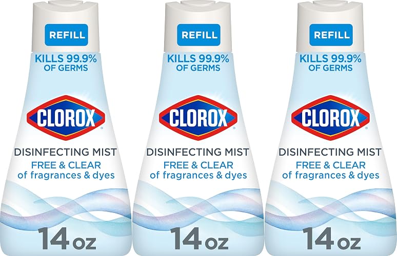 Clorox Free & Clear Disinfecting Mist Refill, Unscented, 14 fl. oz., 3 Pack | Bleach Free, Unscented Disinfectant Spray, Freshens Fabrics, Kills 99.9 Percent of Germs, Sensitive Skin Safe