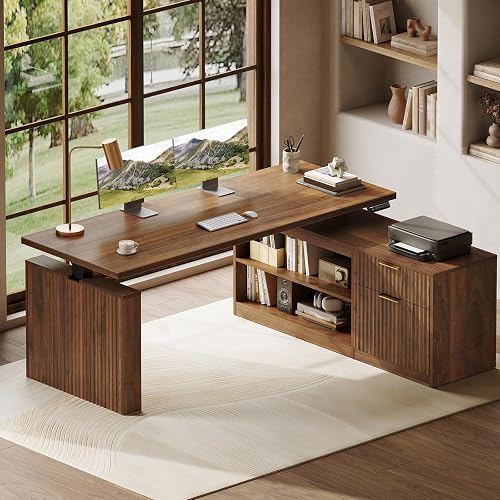 OffiGo Fluted 63 Inch L Shaped Electric Standing Desk with Storage, Walnut | 1" Thick Desktop, Reversible L Shaped Standing Desk, Corner Sit Stand Table for Home Office, Computer Workstation