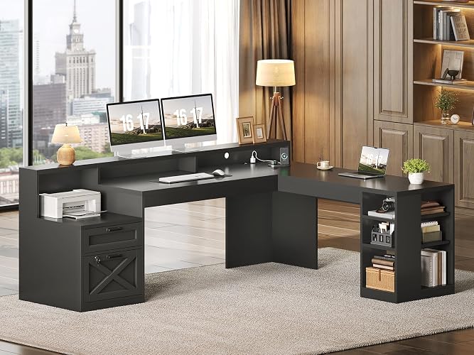 SEDETA 65"x59" L Shaped Gaming Desk with Lock Drawers Storage for Office | Pure Black Large Home Office Corner Desk with Shelves, Executive Desk with Power Strip, LED Strip and Monitor Stand for Work