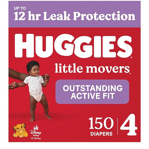Huggies Little Movers Diapers Size 4, 150 Count (6 Packs of 25) | Double Grip Strips, Blowout Protection, Secure Flexible Fit, Up to 12-Hour Protection, Dry Touch Liner, Wetness Indicator