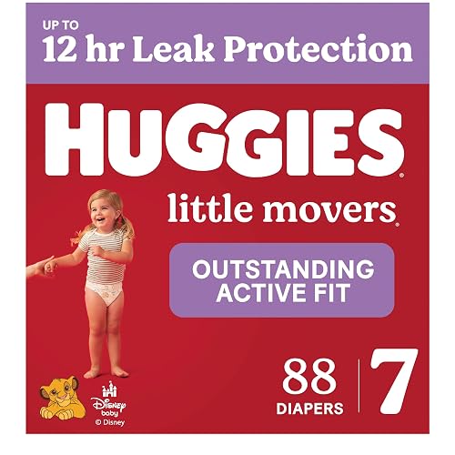 Huggies Little Movers Diapers Size 7, 88 Count (2 Packs of 44) | Double Grip Strips, Blowout Protection, Secure Flexible Fit, Up to 12-Hour Protection, Dry Touch Liner, Wetness Indicator