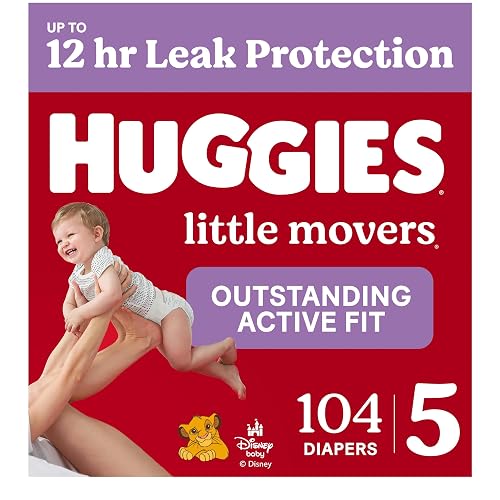 Huggies Little Movers, Baby Diapers, Size 5, 104 Count | Double Grip Strips, Blowout Protection, Secure Flexible Fit, Up to 12-Hour Protection, Dry Touch Liner, Wetness Indicator