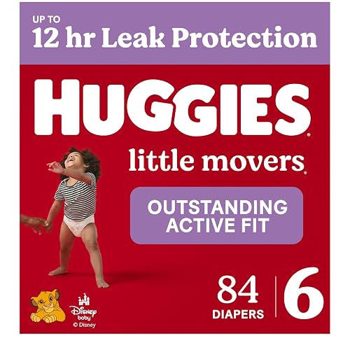 Huggies Little Movers Diapers Size 6, 84 Count | Double Grip Strips, Blowout Protection, Secure Flexible Fit, Up to 12-Hour Protection, Dry Touch Liner, Wetness Indicator