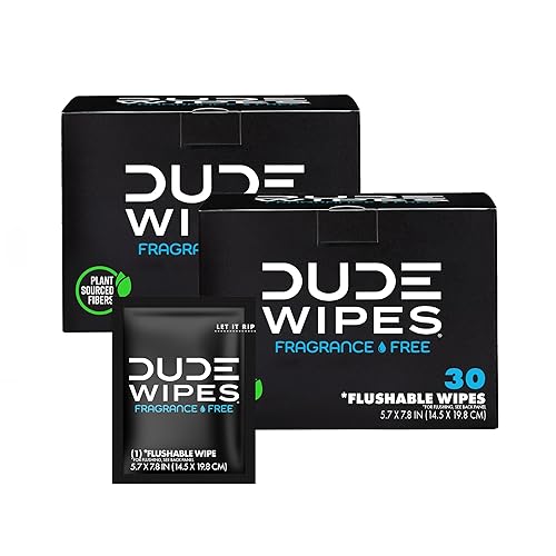 DUDE Wipes On-The-Go Unscented Adult Flushable Travel Wipes, 60 Count | 60 individually wrapped flushable butt wipes. Travel essentials. Hypoallergenic, 99% water, vitamin E and aloe. Septic safe.