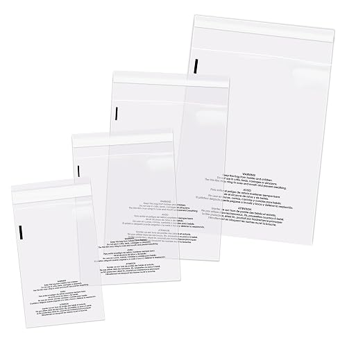 Poly Bag Bundle Combo Pack of 400-6X9, 8X10, 9X12, 11X14 Self Seal | Clear Plastic Bags With Suffocation Warning - Spartan Industrial