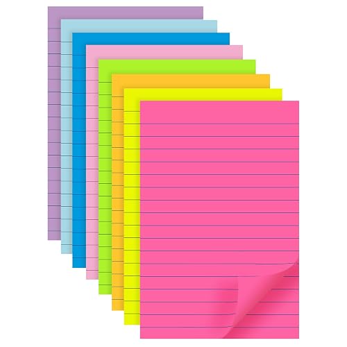 (8 Pads) Lined Sticky Notes 4x6 in, 8 Bright Colors, Self-Stick Note Pads | Large Notepads with Lines, Super Sticky, 40 Sheets/Pad, Easy to Post for Office, Home & School