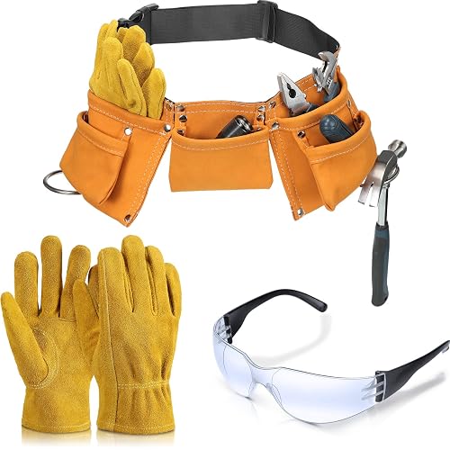 Zhanmai Tool Belt Adjustable Work Belt Set | Leather Garden Gloves Safety Glasses Adjustable Brown Play Belt DIY Construction Learning Tool for Teens Cosplay Costumes