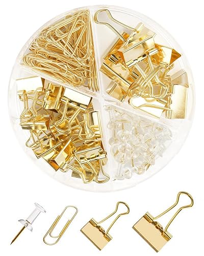 Creechwa Paper Clips Binder Push Pin Set, Assorted Sized Binder Clips | Cute Office Supplies, Aesthetic Desk Accessories Teachers Desk Must Have, Paper Clips and Binder Clips Set, Gold, 1 Pack