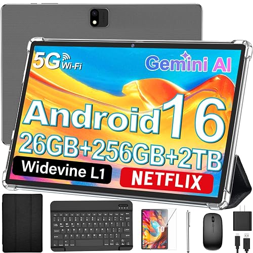 Android 16 Tablet with Keyboard - 10 Inch Electronic Tablets, Black Case | 26GB RAM, 256GB ROM, Gemini AI, 8000mAh Battery, 8-Core, Dual Camera, 5G WiFi, Tablet with Case/Mouse/Stylus