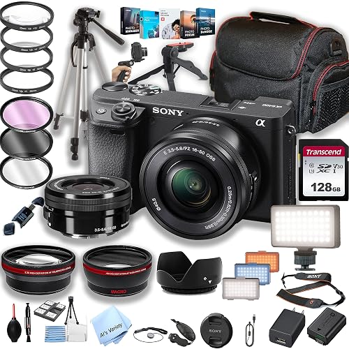 Sony a6400 Mirrorless Camera with 16-50mm Lens + 128GB Memory + LED Video Light + Case+ Steady Grip Pod + Tripod + Filters + Lenses + Software -Accessory Bundle