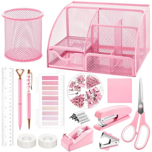 Fayoo 11 Pcs Pink Office Supplies Set Mesh Desk Organizer Accessories Kit | Include Stapler, Tape Dispenser, Staple Remover, Clips, Ruler, Scissors, Sticky Notes, for Office, School, Home, Women