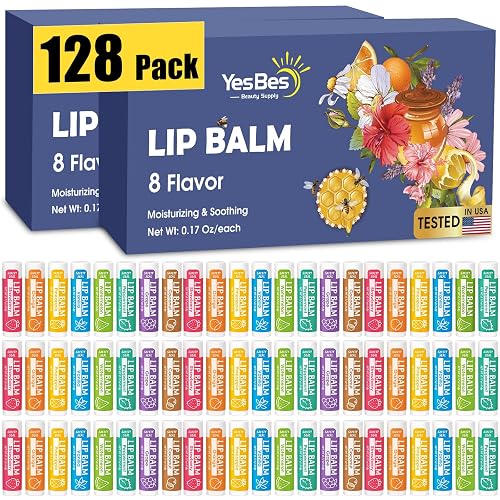 YesBes 128 Pack Lip Balm, Natural Lip Balm Bulk with Vitamin E and Coconut Oil, Moisturizing Lip Balms for Dry Cracked Lips, Lip Balms for Mothers Day Gifts Stocking Stuffers - 8 Flavors