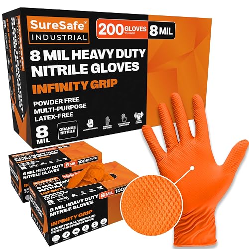 SURESAFE Orange Nitrile Gloves, 8 Mil Powder-Free Latex-Free Disposable | High-visibility diamond-texture grip for automotive, mechanic, construction, shop; heavy-duty, tear and puncture resistant