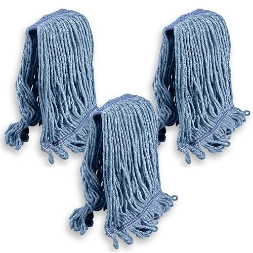 KLEEN HANDLER Heavy Duty Commercial Loop End Mop Head Replacement, 3 Pack | Wet Industrial Cotton Looped-End String Mop Head Refill with Universal Headband for General Floor Cleaning