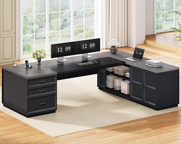 SEDETA 78.7" L Shaped Executive Desk with Charging Station, Large Home Office Computer Desk with File Drawers & Adjustable Storage Cabinet, CPU Stand, Modern L Desk for Business, Black + Grey