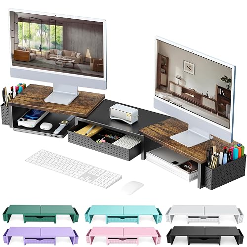 gianotter Dual Monitor Stand Riser With Drawer and 2 Pen Holders | Wood Computer Monitor Stand Desk Organizer and Accessories Desk Shelf for Top of Desk (Wood)