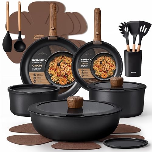 CAROTE 21pcs Pots and Pans Set Non Stick, Detachable Handle Cookware, Black | Induction Compatible, Dishwasher & Oven Safe, Space Saving, for Camping/RV/Traveling, Kitchen Cooking Set, House Warming Gift