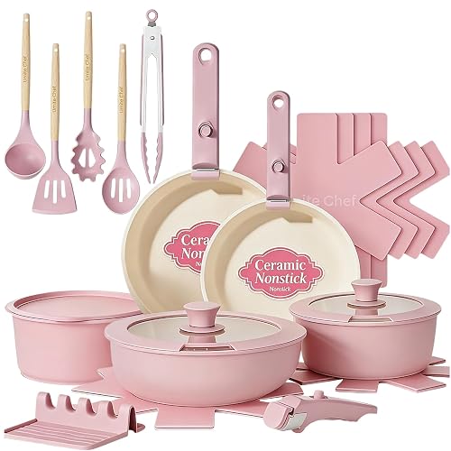 Umite Chef Pots and Pans Set Non Stick, 21 pcs Nonstick Ceramic Cookware Set, RV Kitchen Cooking Set with Detachable Handles, Oven Safe, Induction Cookware, Stackable, Pink, PFAS PFOA & PTFE Free