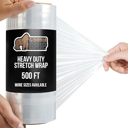 GORILLA GRIP Stretch Film Shrink Wrap for Moving, 500'x10 Roll | 500% Heavy Duty Plastic, Puncture Resistant, Industrial Strength for Shipping, Pallet Storage, Packing Furniture Protection