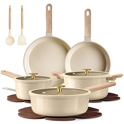 CAROTE Pots and Pans Set, Ceramic Cookware Set, 14pcs | Healthy Induction Kitchen Set, with Silicone Lids, Easy Clean, Even Heating, Space Saving, PFAS FREE